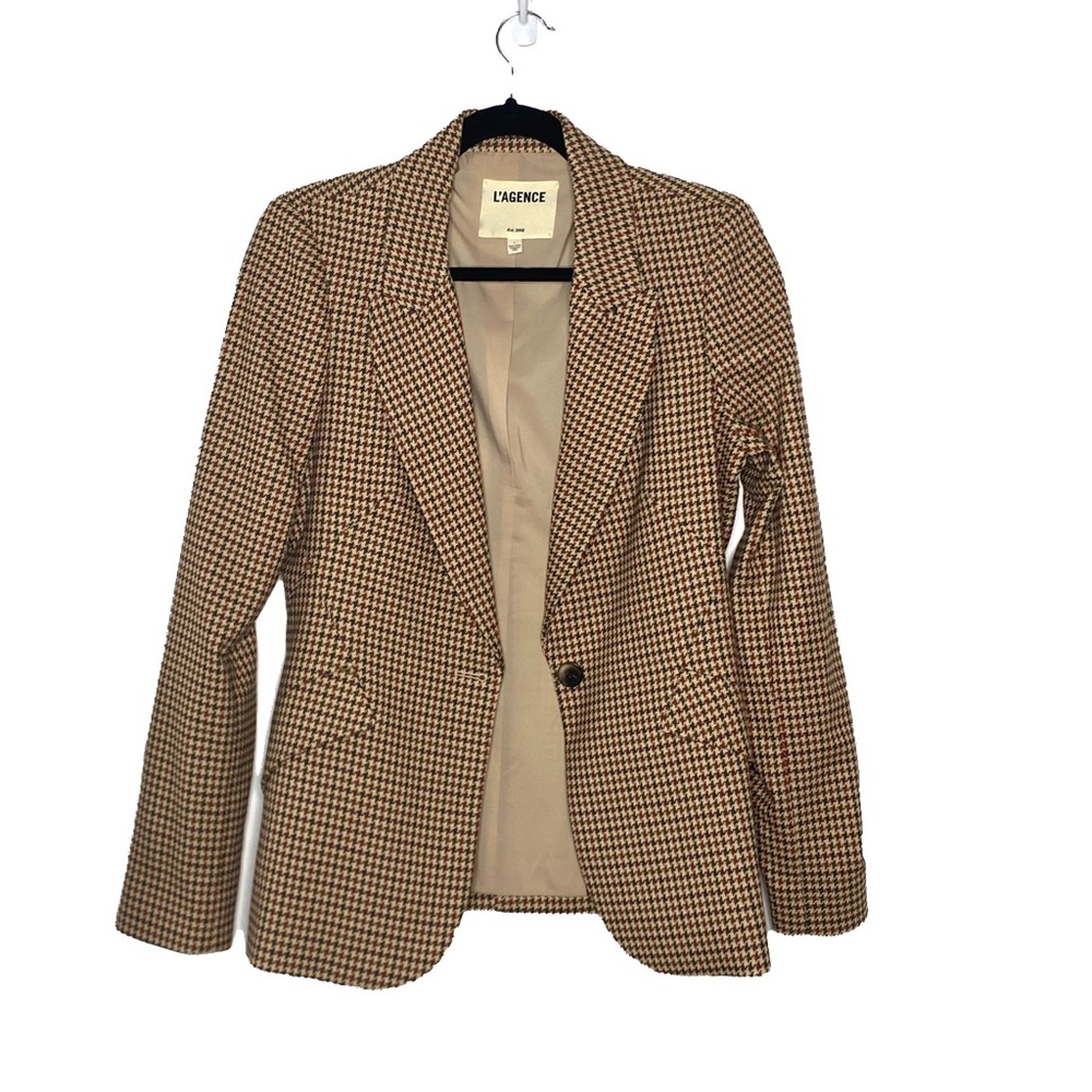 L’AGENCE Chamberlain Brown Houndstooth Plaid Fitted Blazer Size 4 | Like New